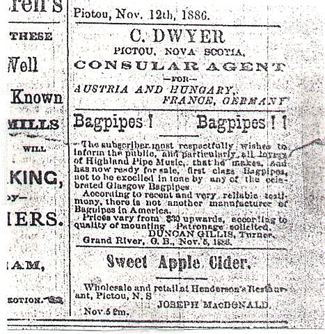 Newspaper advertisement for bagpipes by Duncan Gillis from 1886.