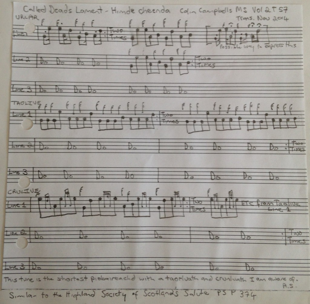 Transcription from the Colin Campbell 1797 manuscript of Highland pipe music in canntaireachd. 