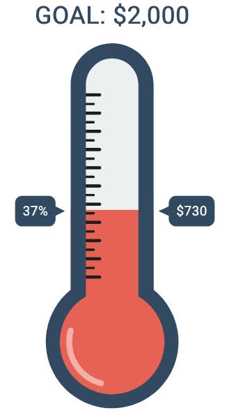 Thermometer showing our fundraising progress as of Jan 1, 2025. So far we've raised $730—37% of our goal.